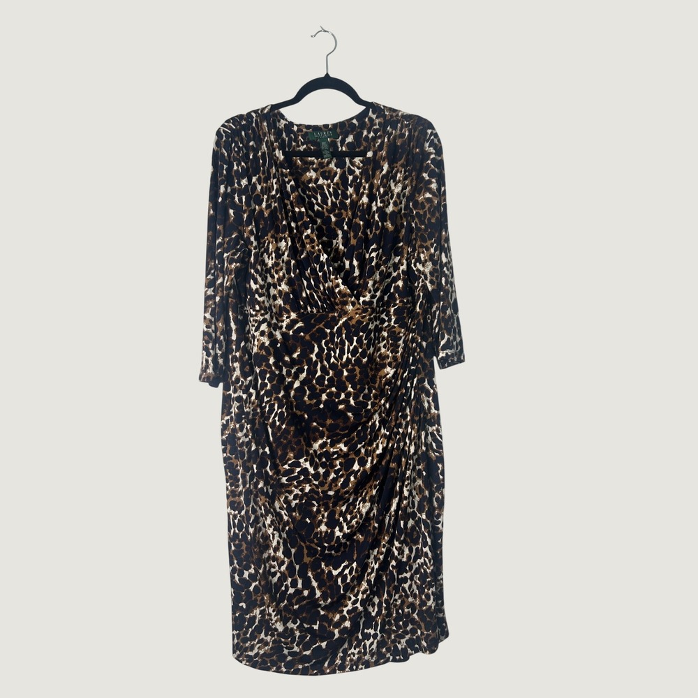 Lauren Ralph Lauren Dress Womens 20W Brown Leopard Print Ruched Faux Wrap Jersey